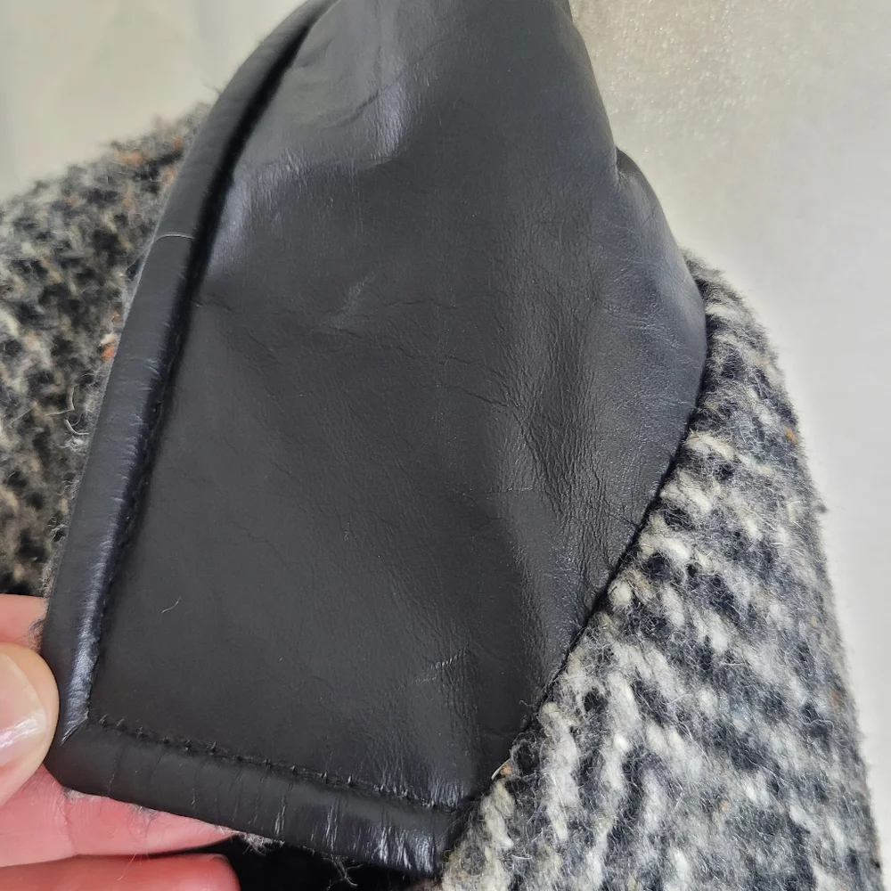 Vintage 80s wool leather tweed jacket coat oversized - Picture 4 of 16